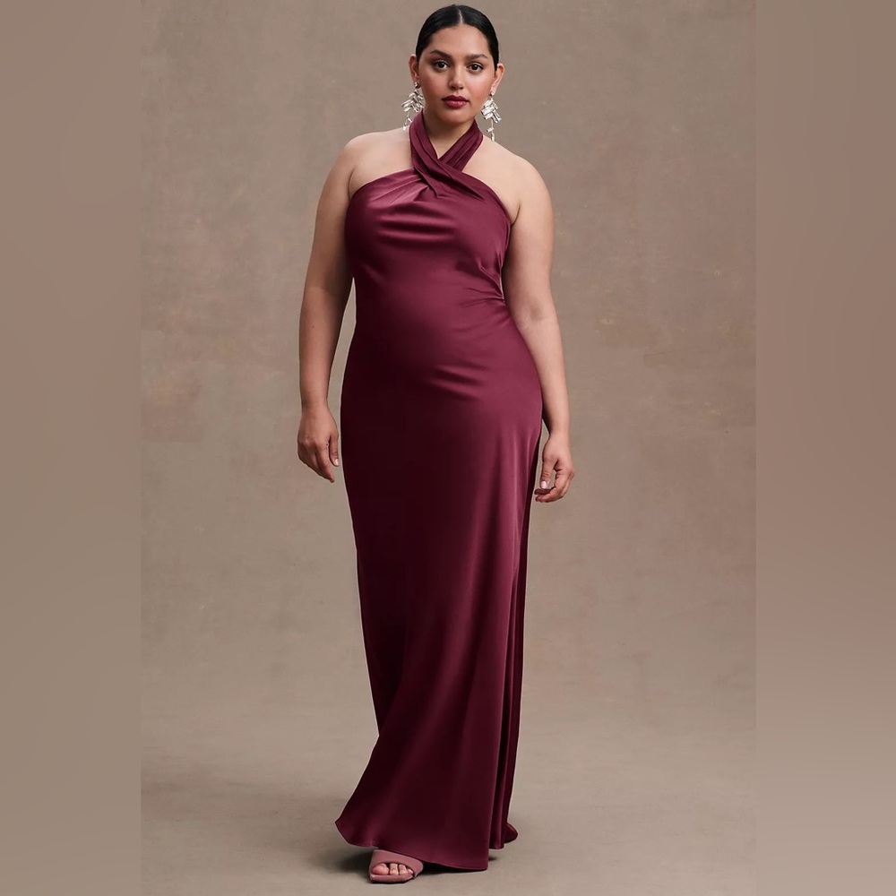 SOLD BHLDN NWT Ruby Twist Halter Satin Gown Plus Size 22 Dark Berry Bridesmaid